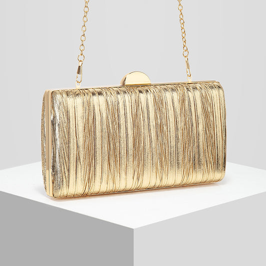 Metallic Pleated PU Leather Evening Clutch with Chain Strap