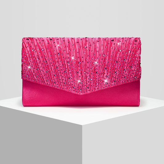Pleated Rhinestone Satin Evening Clutch with Chain Strap