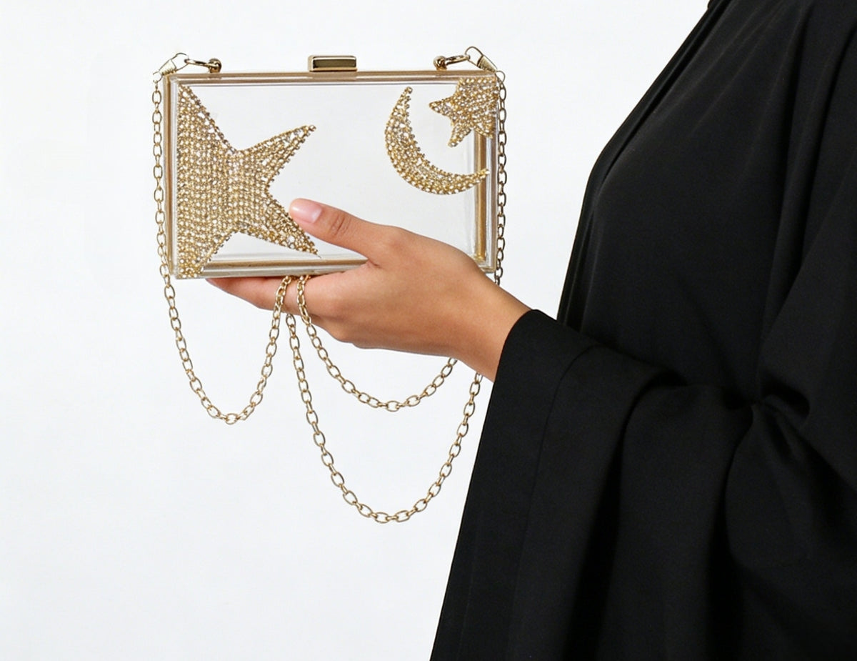 Ramadan & Eid Crescent Moon Rhinestone Acrylic Clutch Bag