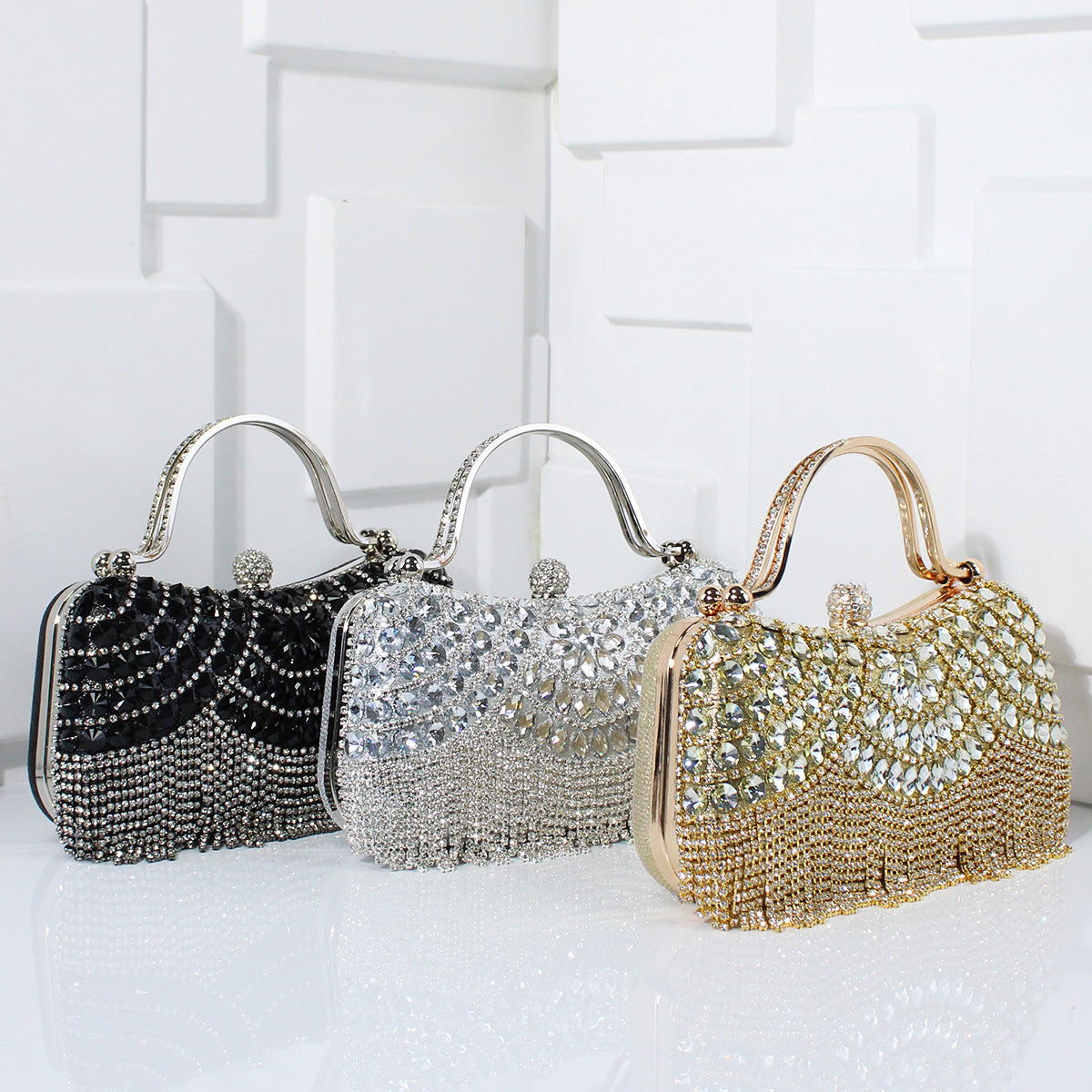 Crystal Rhinestone Fringe Evening Clutch with Top Handle