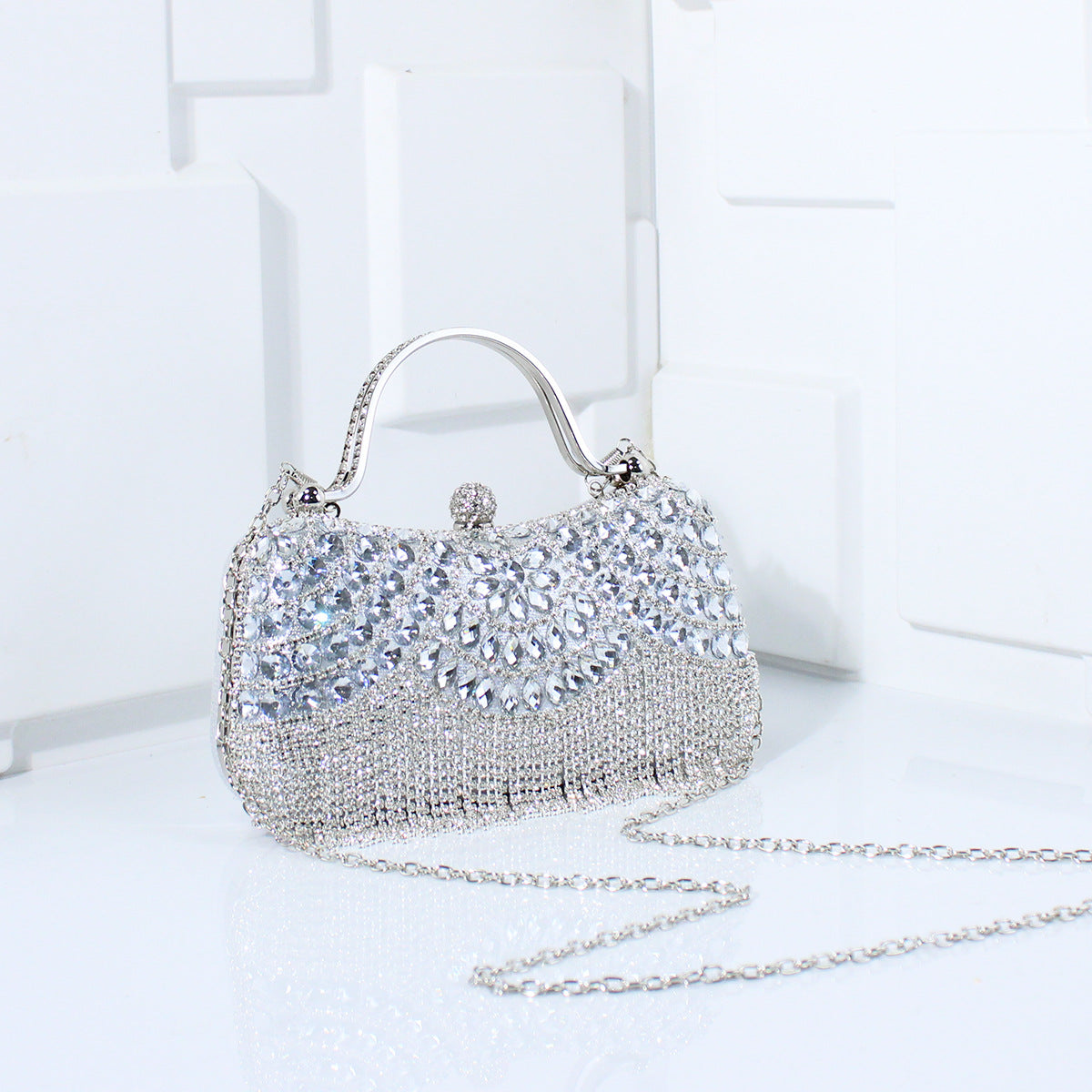 Crystal Rhinestone Fringe Evening Clutch with Top Handle