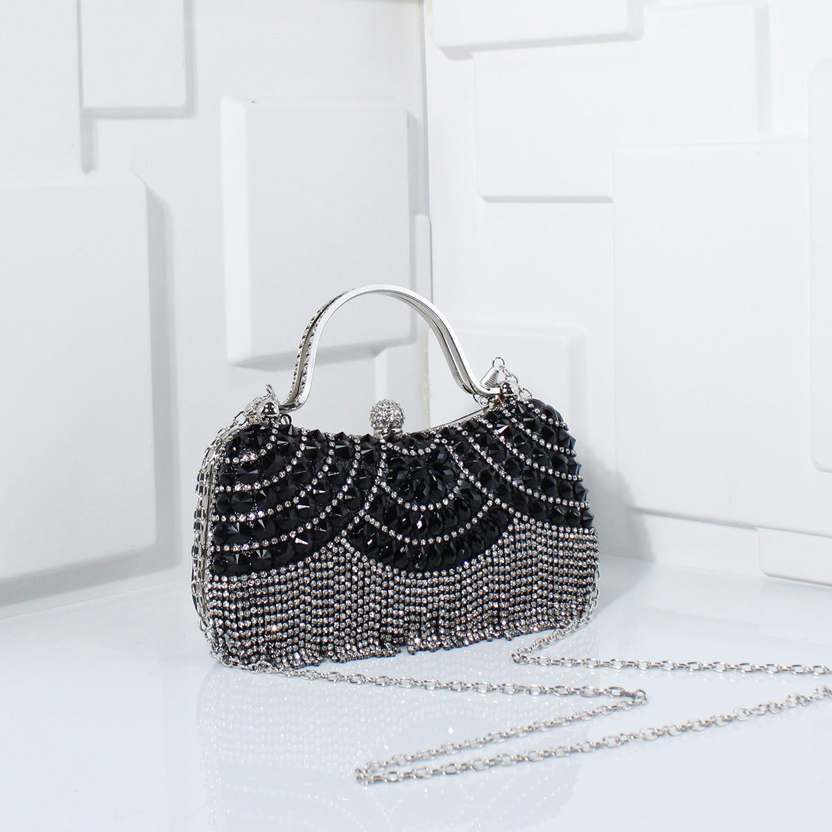 Crystal Rhinestone Fringe Evening Clutch with Top Handle