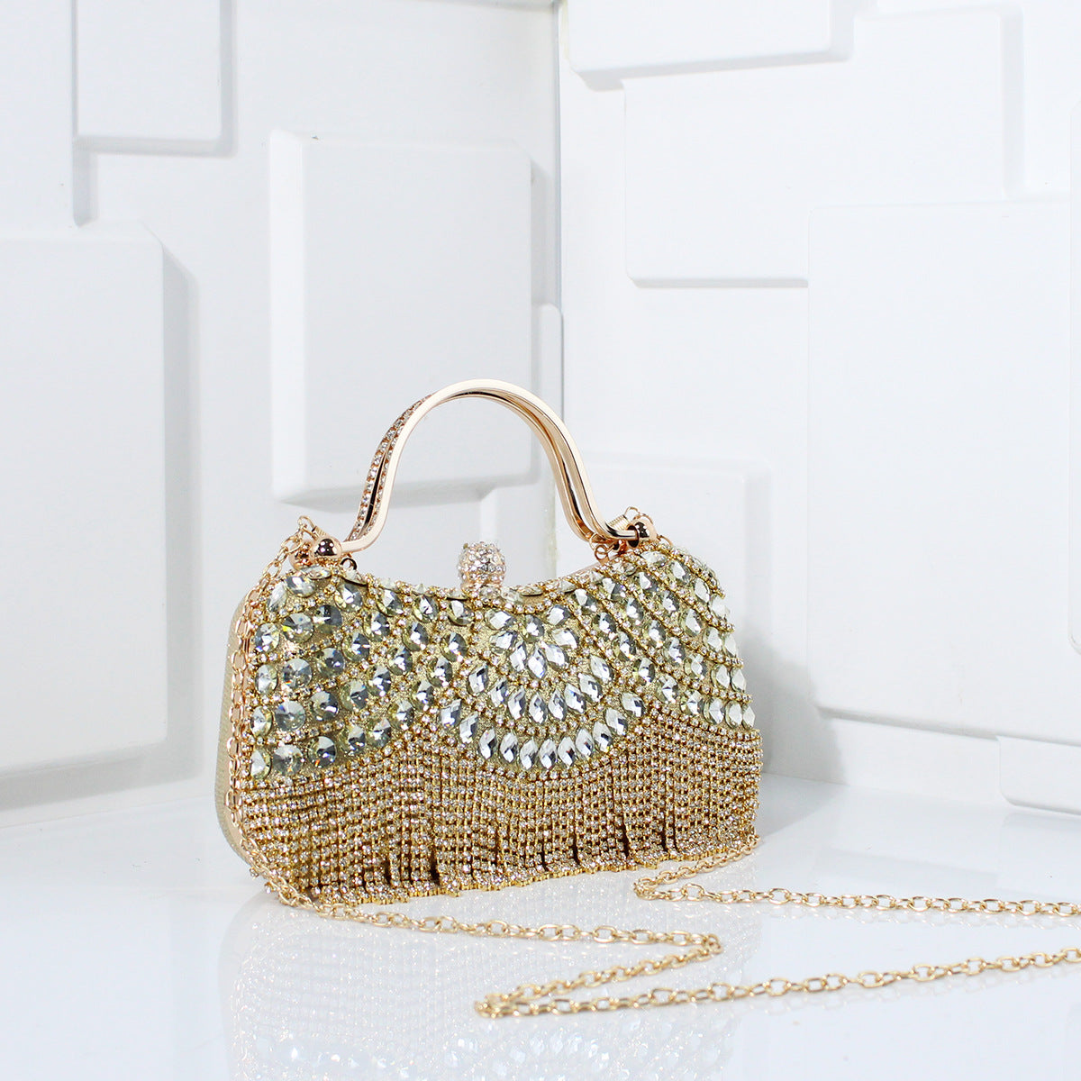 Crystal Rhinestone Fringe Evening Clutch with Top Handle