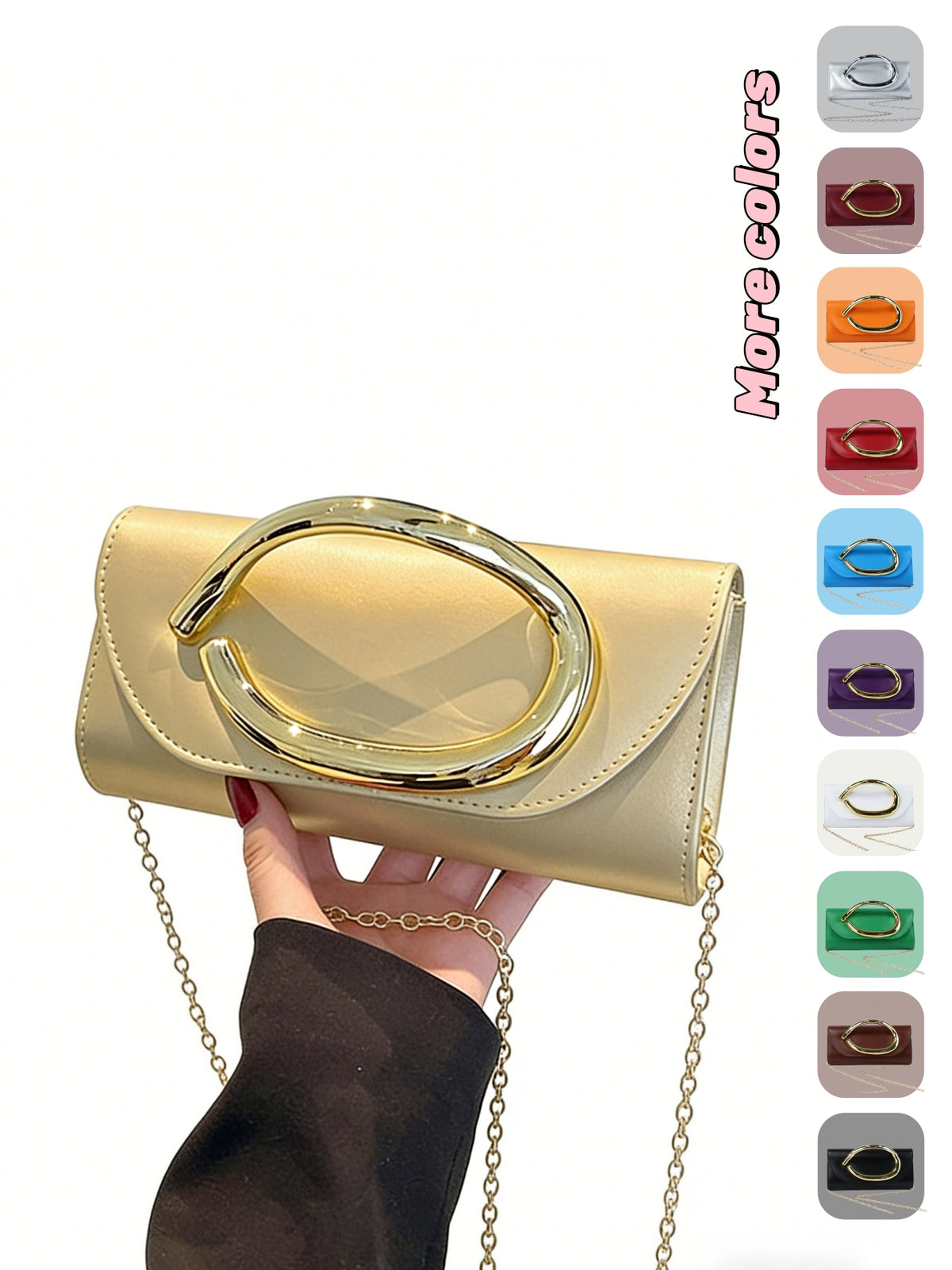 Women’s PU Leather Clutch Bag with Statement Metal Handle & Chain Strap