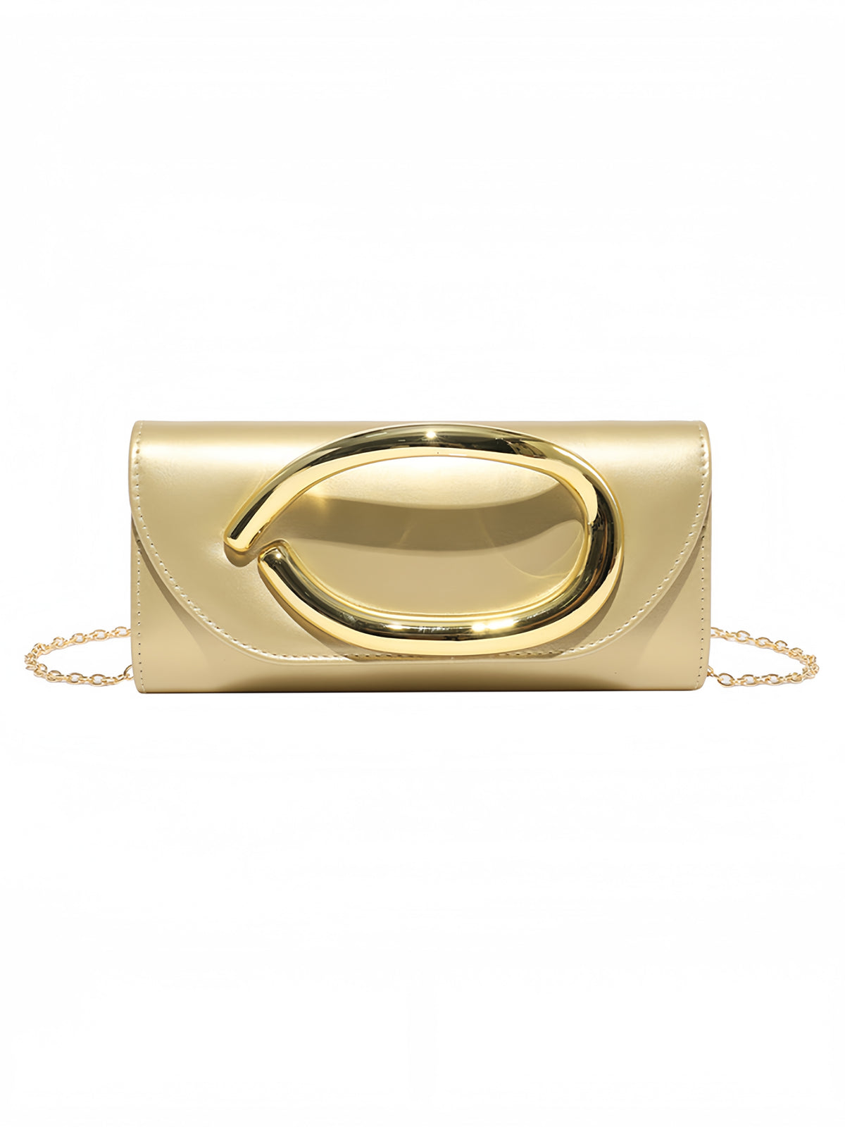 Women’s PU Leather Clutch Bag with Statement Metal Handle & Chain Strap