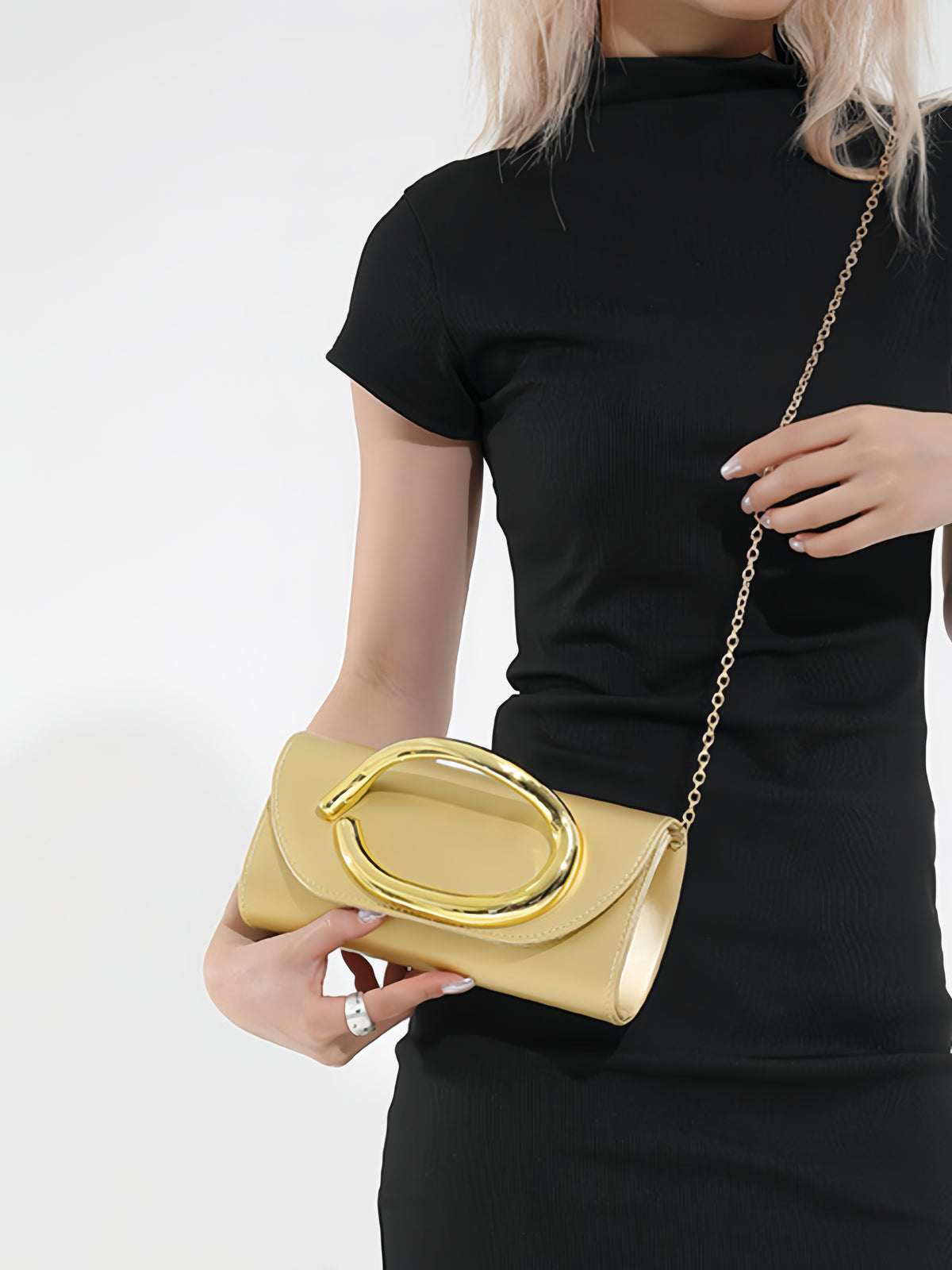 Women’s PU Leather Clutch Bag with Statement Metal Handle & Chain Strap