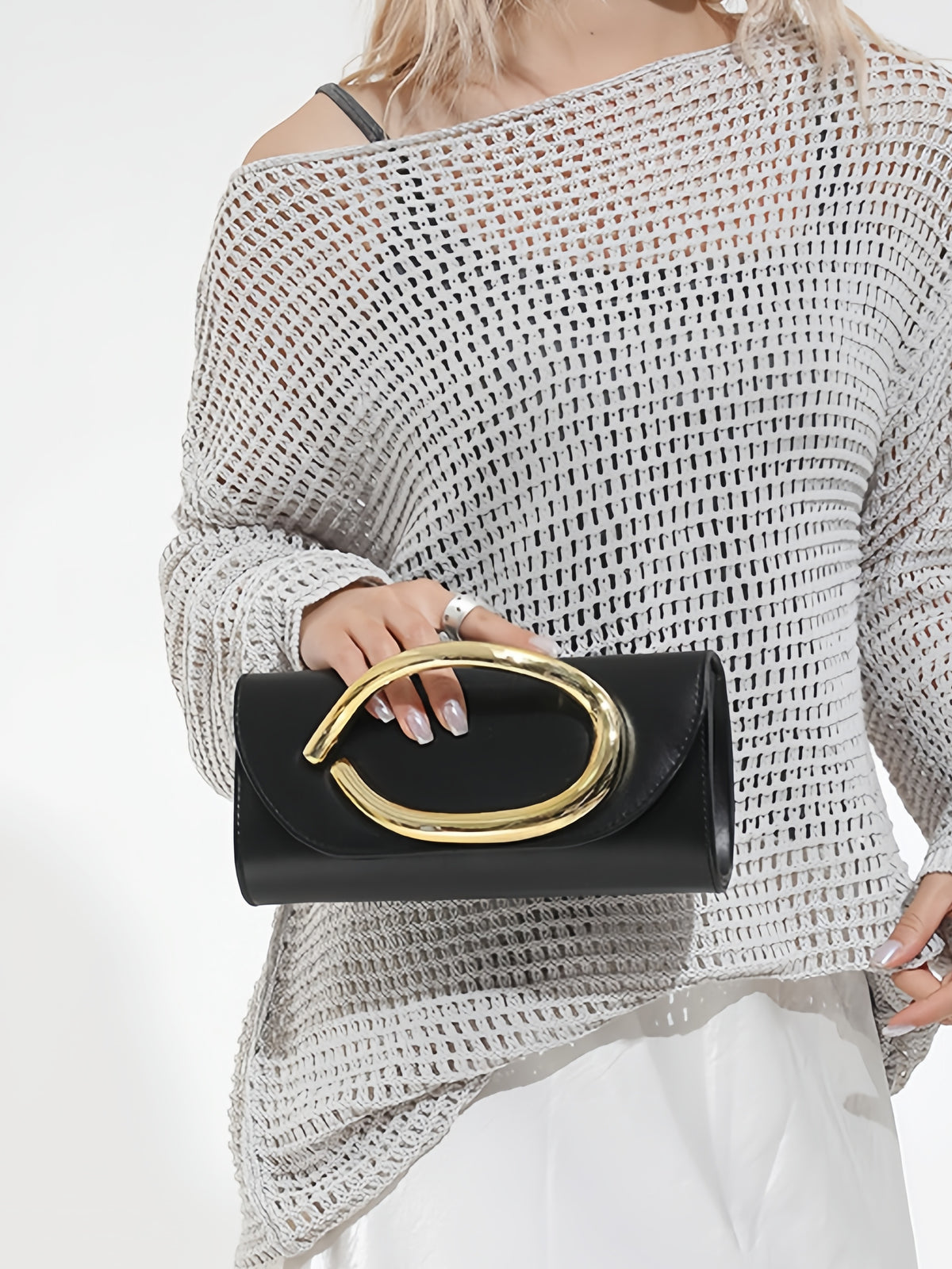 Women’s PU Leather Clutch Bag with Statement Metal Handle & Chain Strap