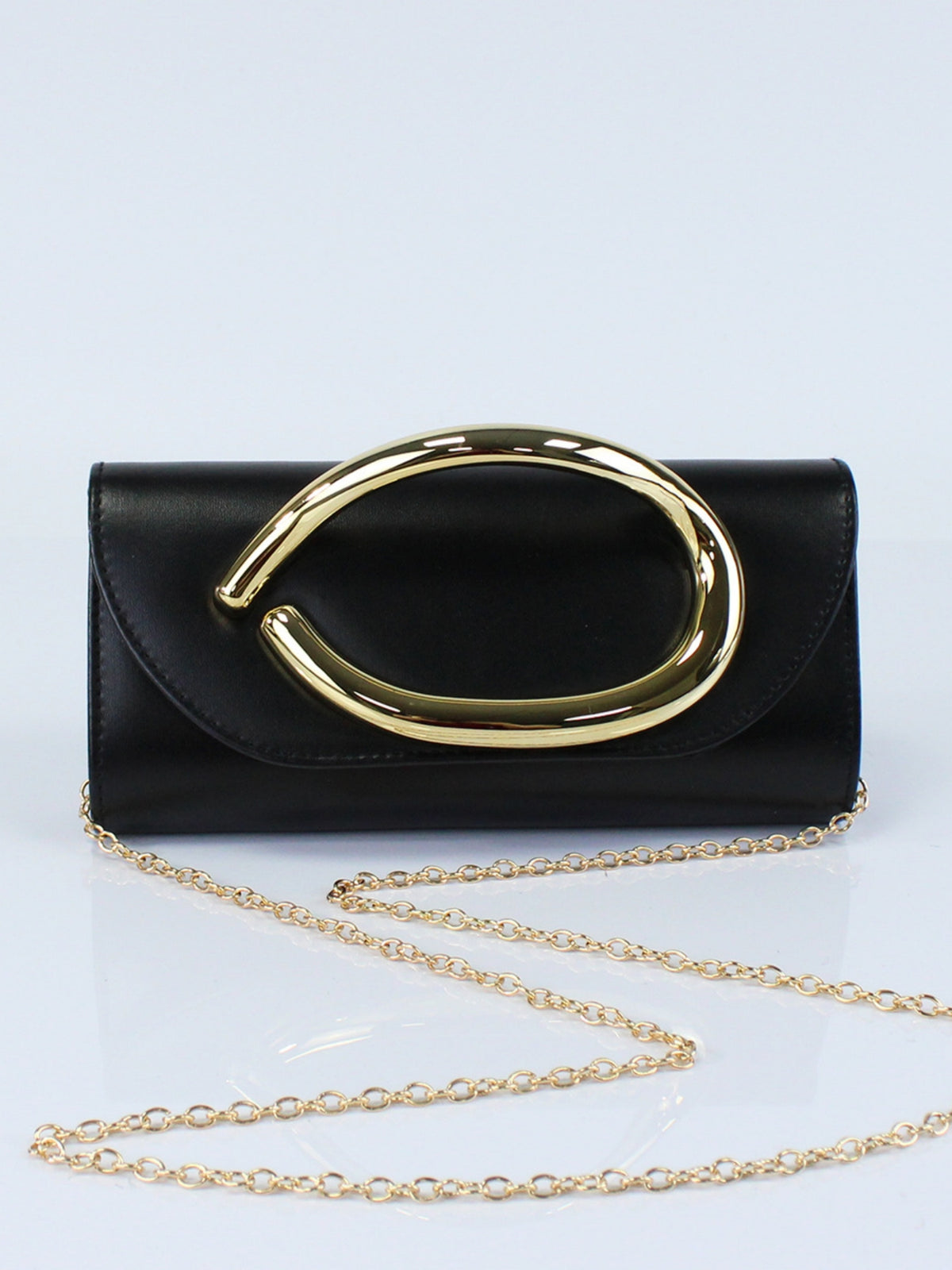 Women’s PU Leather Clutch Bag with Statement Metal Handle & Chain Strap