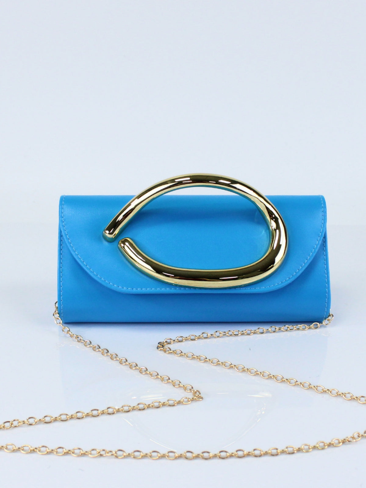 Women’s PU Leather Clutch Bag with Statement Metal Handle & Chain Strap