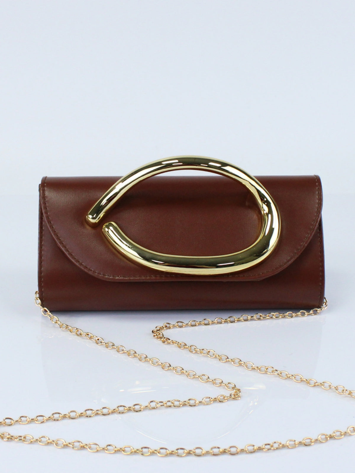 Women’s PU Leather Clutch Bag with Statement Metal Handle & Chain Strap