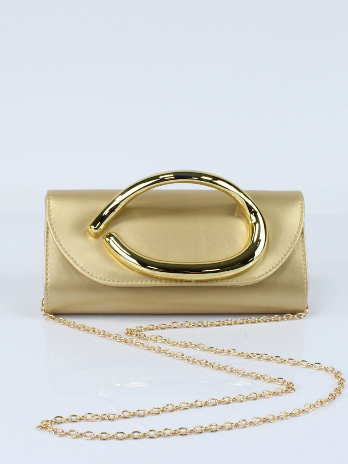 Women’s PU Leather Clutch Bag with Statement Metal Handle & Chain Strap