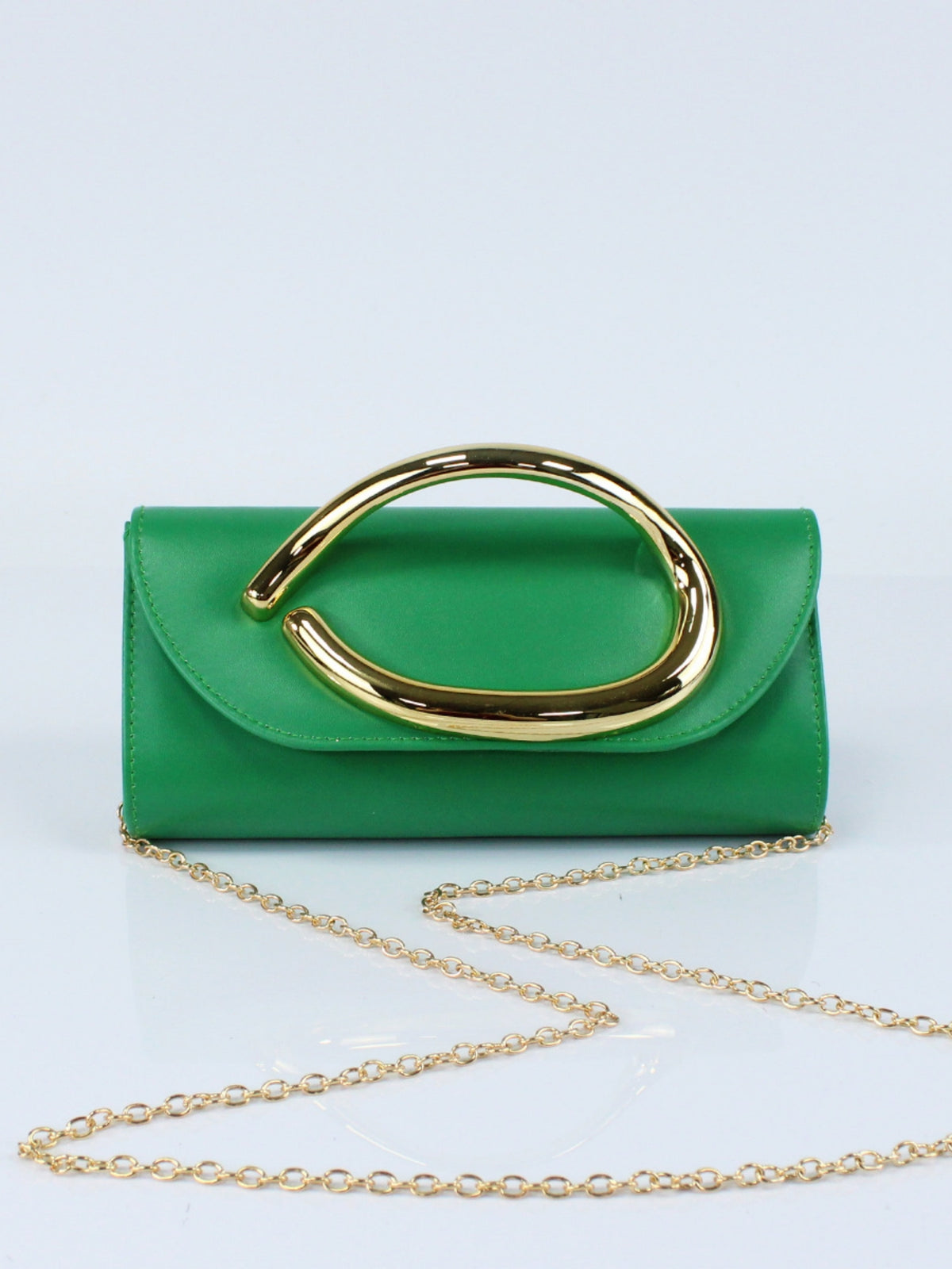Women’s PU Leather Clutch Bag with Statement Metal Handle & Chain Strap