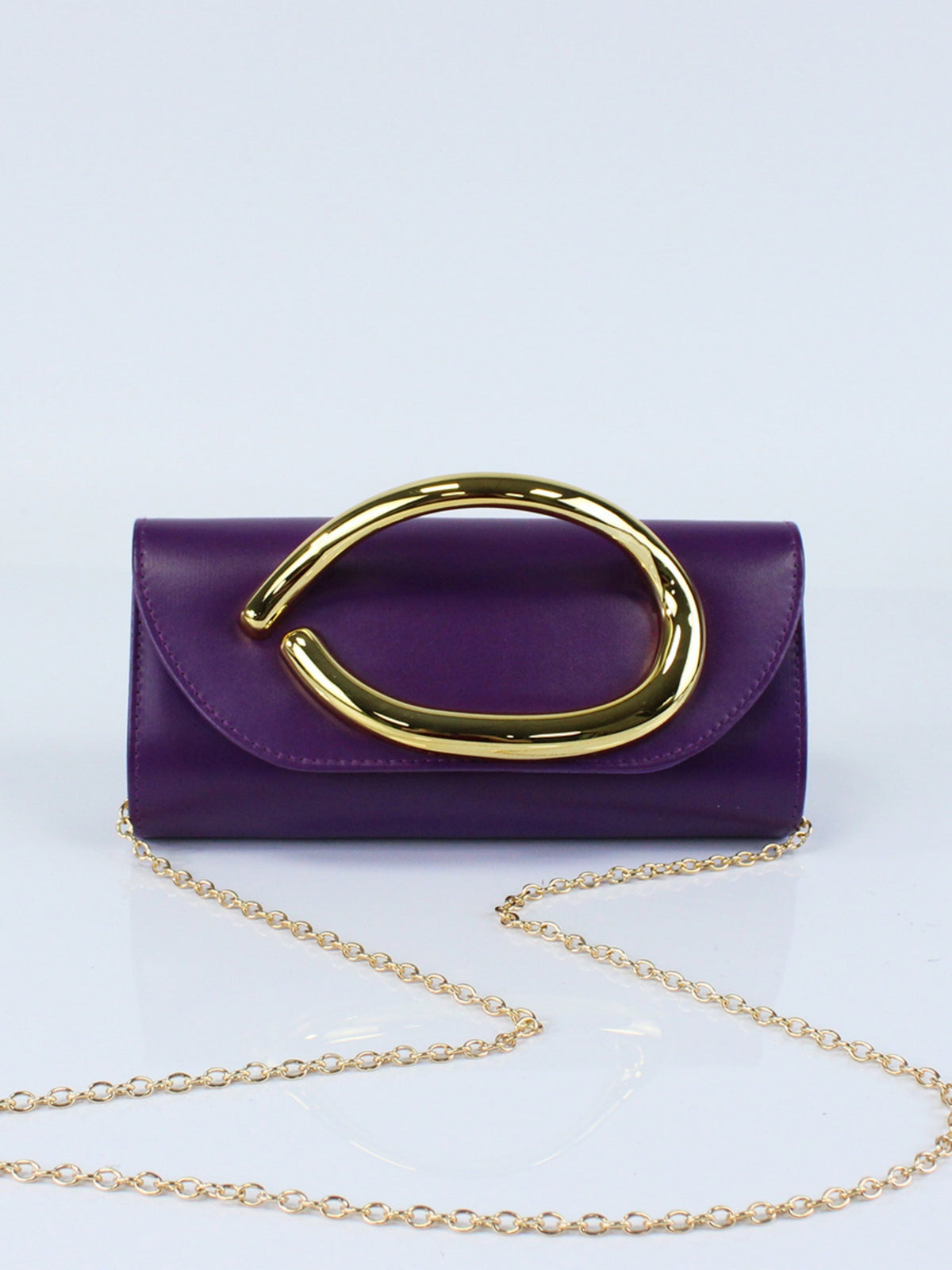 Women’s PU Leather Clutch Bag with Statement Metal Handle & Chain Strap