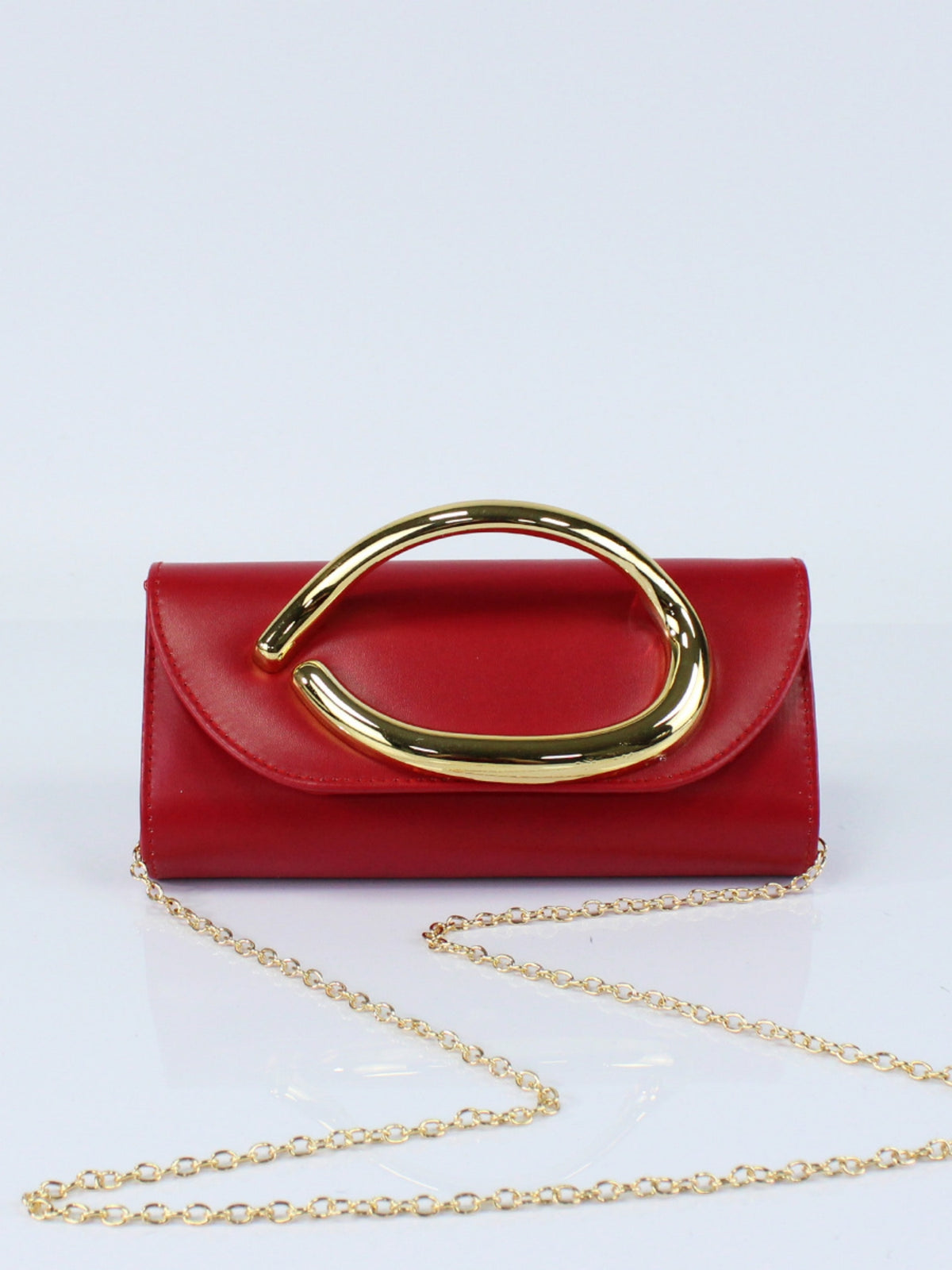 Women’s PU Leather Clutch Bag with Statement Metal Handle & Chain Strap