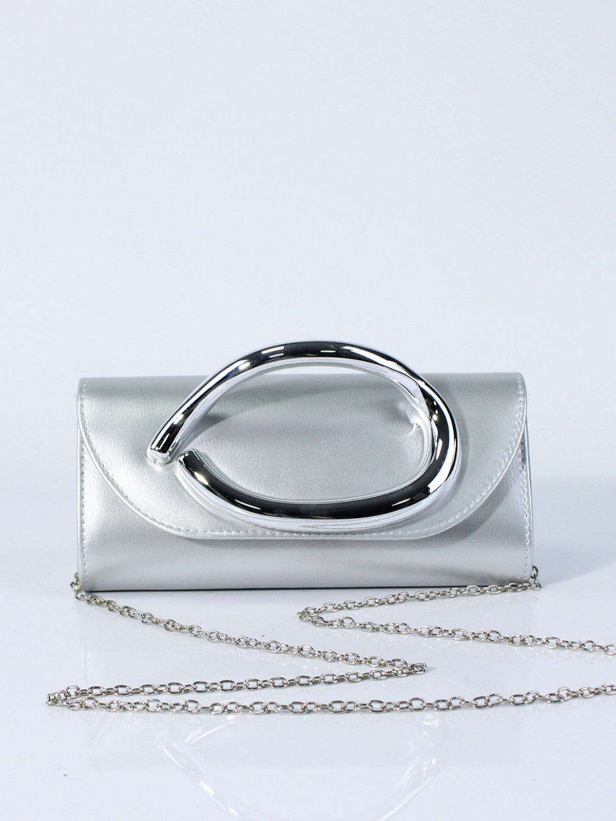 Women’s PU Leather Clutch Bag with Statement Metal Handle & Chain Strap