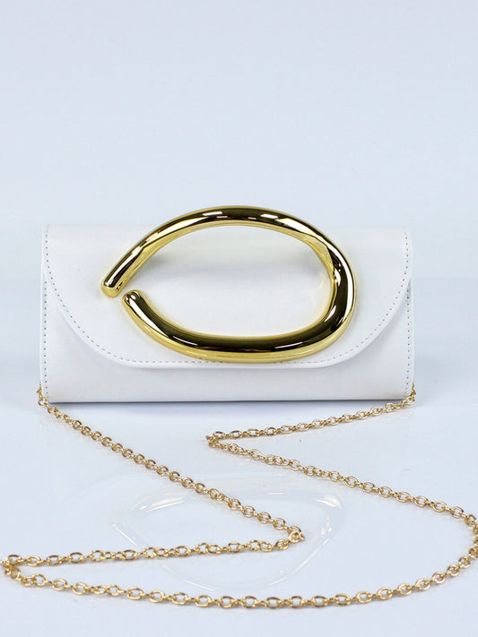 Women’s PU Leather Clutch Bag with Statement Metal Handle & Chain Strap