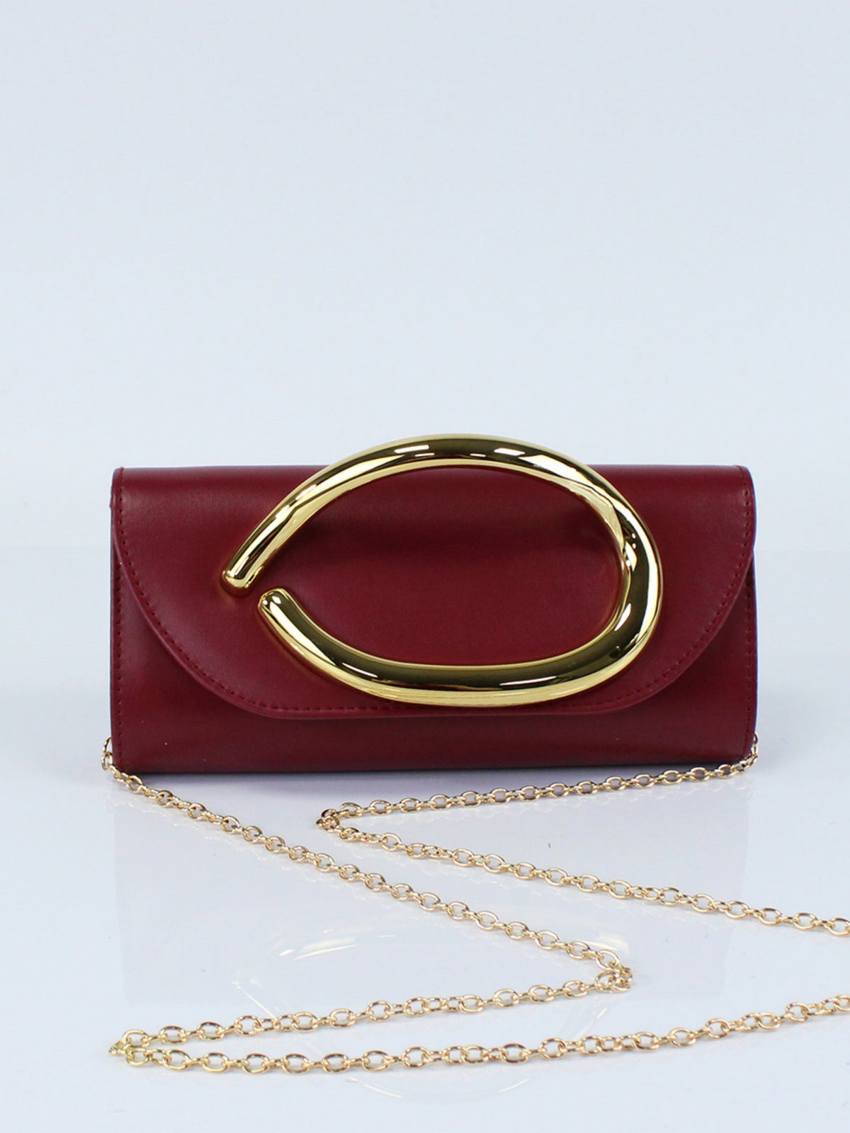 Women’s PU Leather Clutch Bag with Statement Metal Handle & Chain Strap