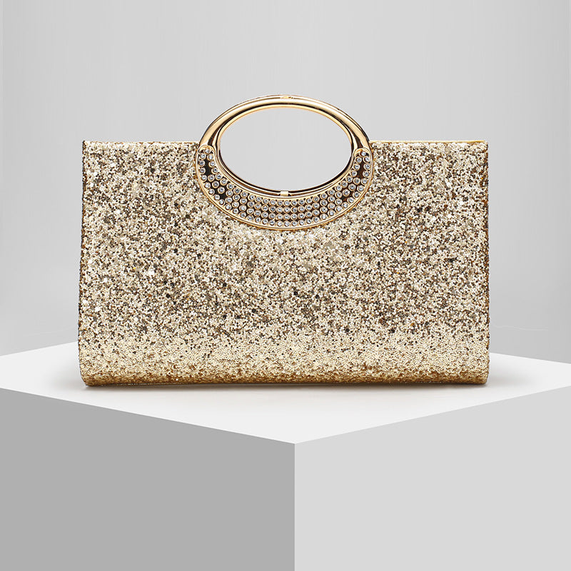 Glitter Evening Clutch Bag with Rhinestone Ring Handle & Chain Strap