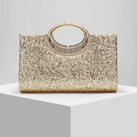 Glitter Evening Clutch Bag with Rhinestone Ring Handle & Chain Strap
