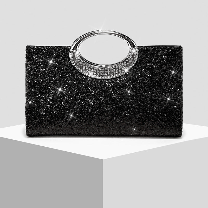 Glitter Evening Clutch Bag with Rhinestone Ring Handle & Chain Strap