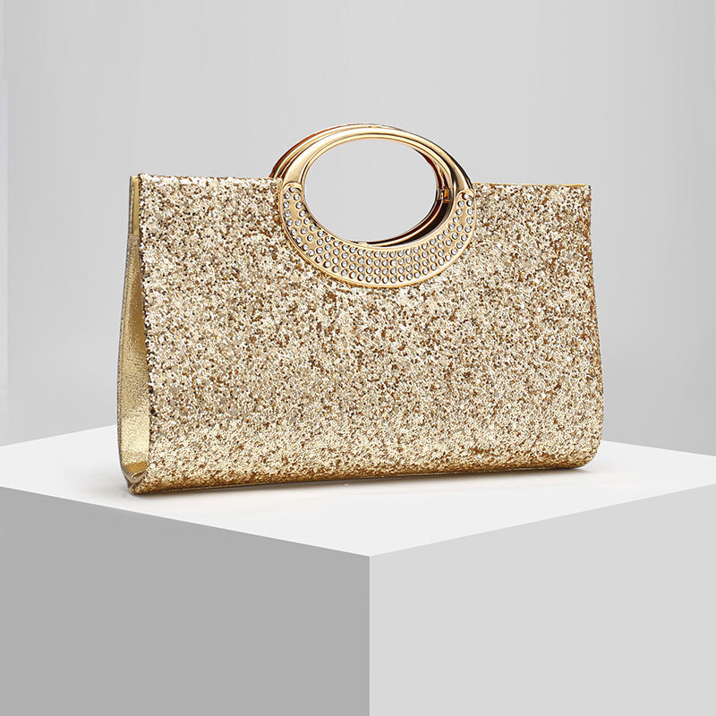Glitter Evening Clutch Bag with Rhinestone Ring Handle & Chain Strap