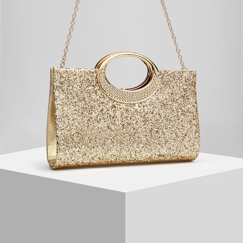 Glitter Evening Clutch Bag with Rhinestone Ring Handle & Chain Strap