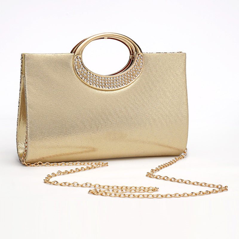 Glitter Evening Clutch Bag with Rhinestone Ring Handle & Chain Strap