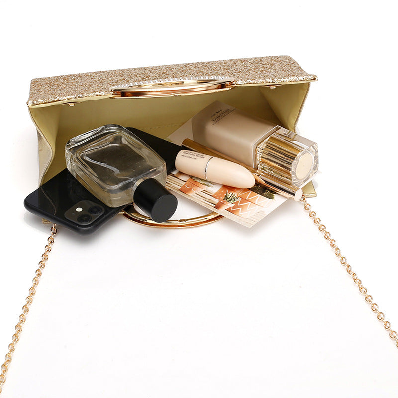 Glitter Evening Clutch Bag with Rhinestone Ring Handle & Chain Strap