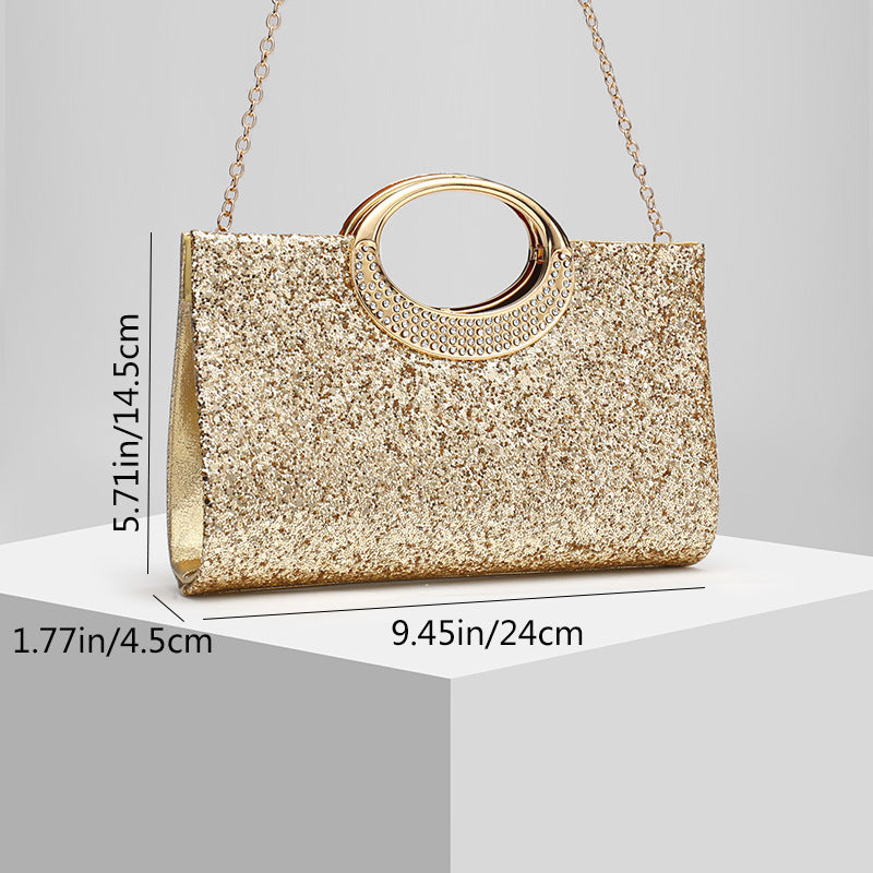 Glitter Evening Clutch Bag with Rhinestone Ring Handle & Chain Strap