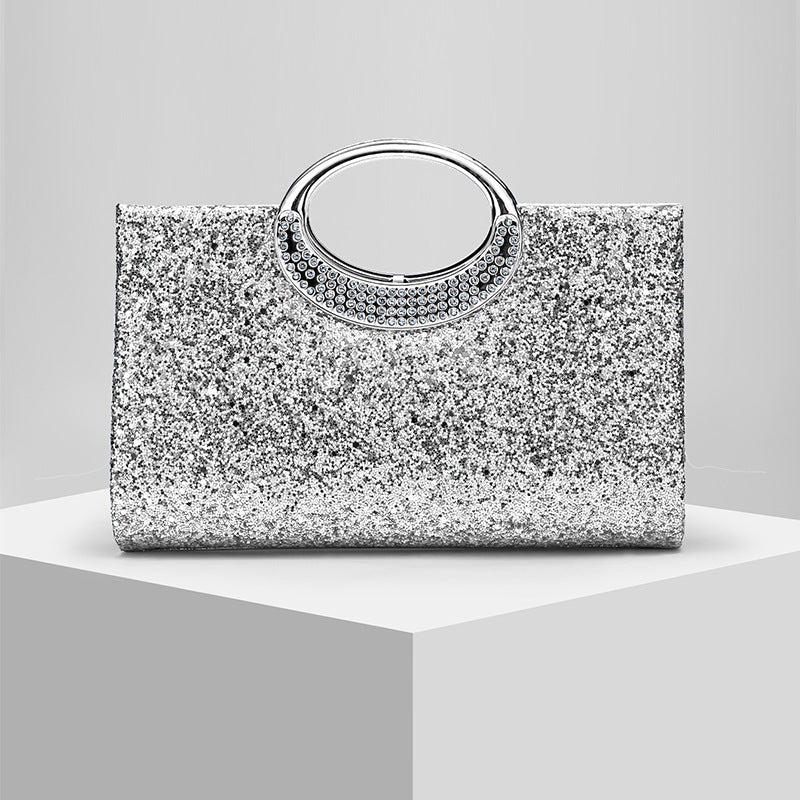 Glitter Evening Clutch Bag with Rhinestone Ring Handle & Chain Strap