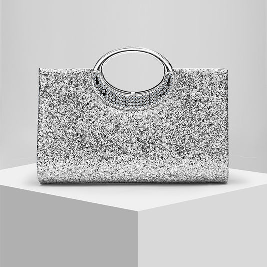 Glitter Evening Clutch Bag with Rhinestone Ring Handle & Chain Strap