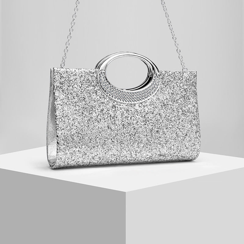 Glitter Evening Clutch Bag with Rhinestone Ring Handle & Chain Strap