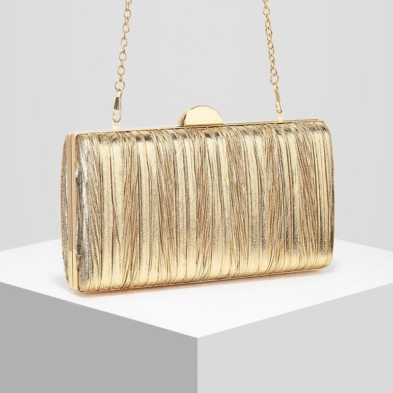 Metallic Pleated PU Leather Evening Clutch with Chain Strap