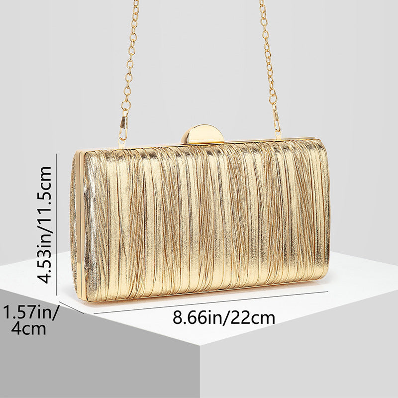 Metallic Pleated PU Leather Evening Clutch with Chain Strap