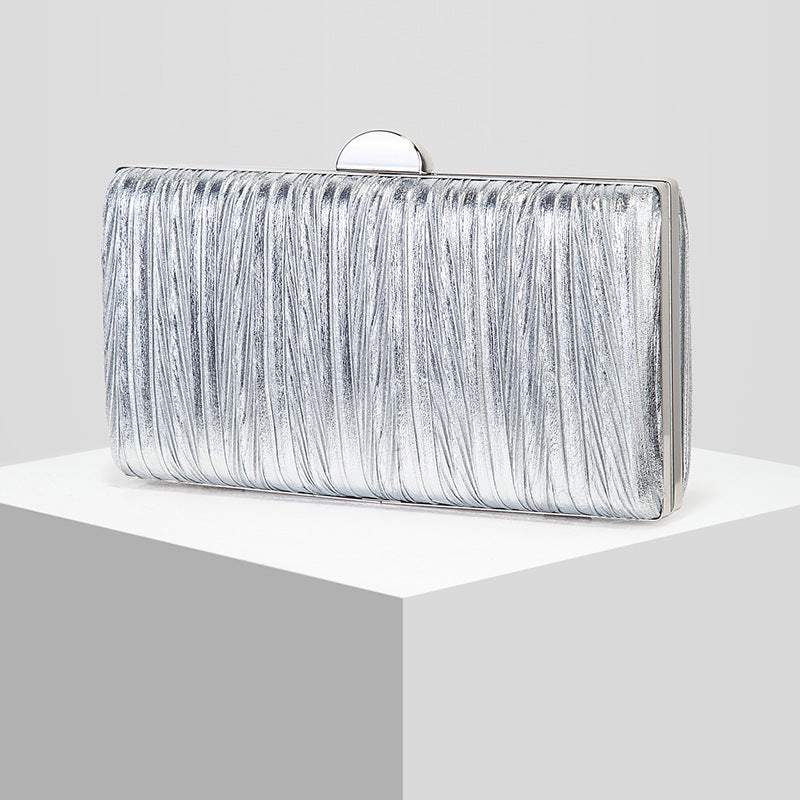 Metallic Pleated PU Leather Evening Clutch with Chain Strap