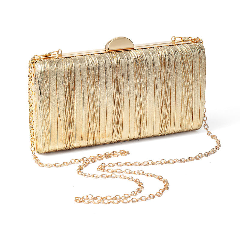 Metallic Pleated PU Leather Evening Clutch with Chain Strap