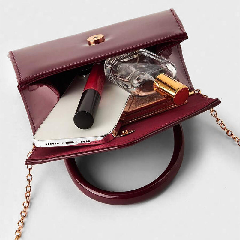 Glossy Patent PU Leather Top Handle Evening Bag with Chain Strap