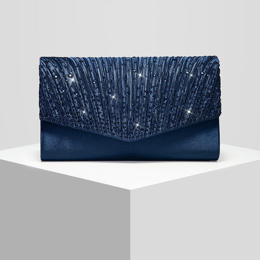 Pleated Rhinestone Satin Evening Clutch with Chain Strap