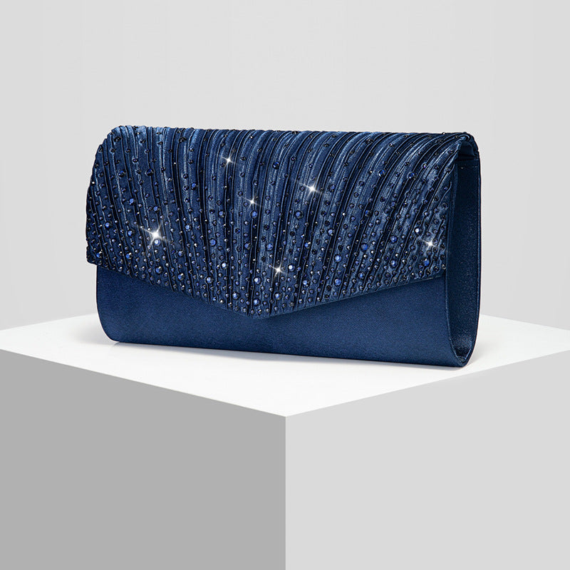 Pleated Rhinestone Satin Evening Clutch with Chain Strap