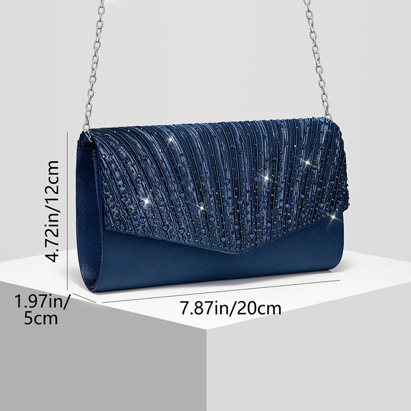 Pleated Rhinestone Satin Evening Clutch with Chain Strap