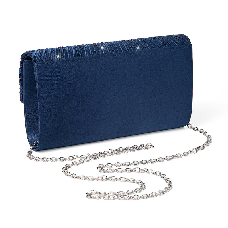 Pleated Rhinestone Satin Evening Clutch with Chain Strap