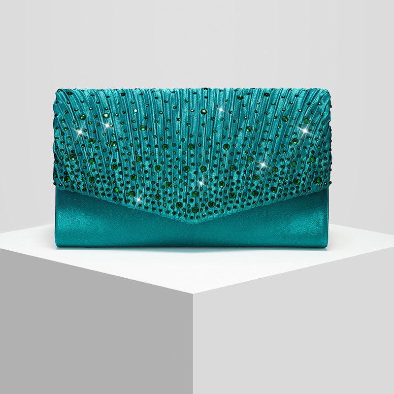 Pleated Rhinestone Satin Evening Clutch with Chain Strap