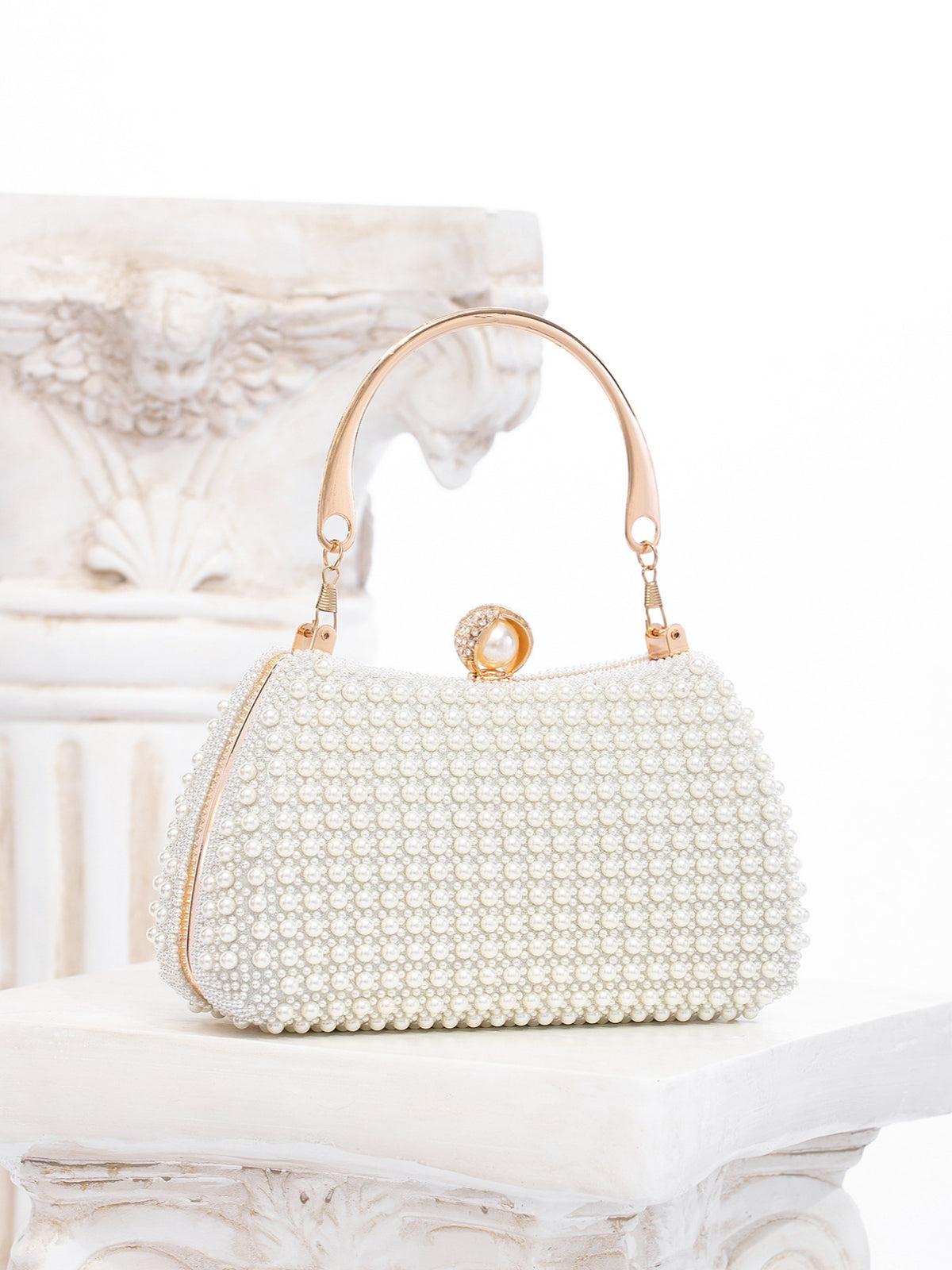 Faux Pearl Beaded Evening Clutch Bag | Gold Top Handle Bridal Wedding Purse