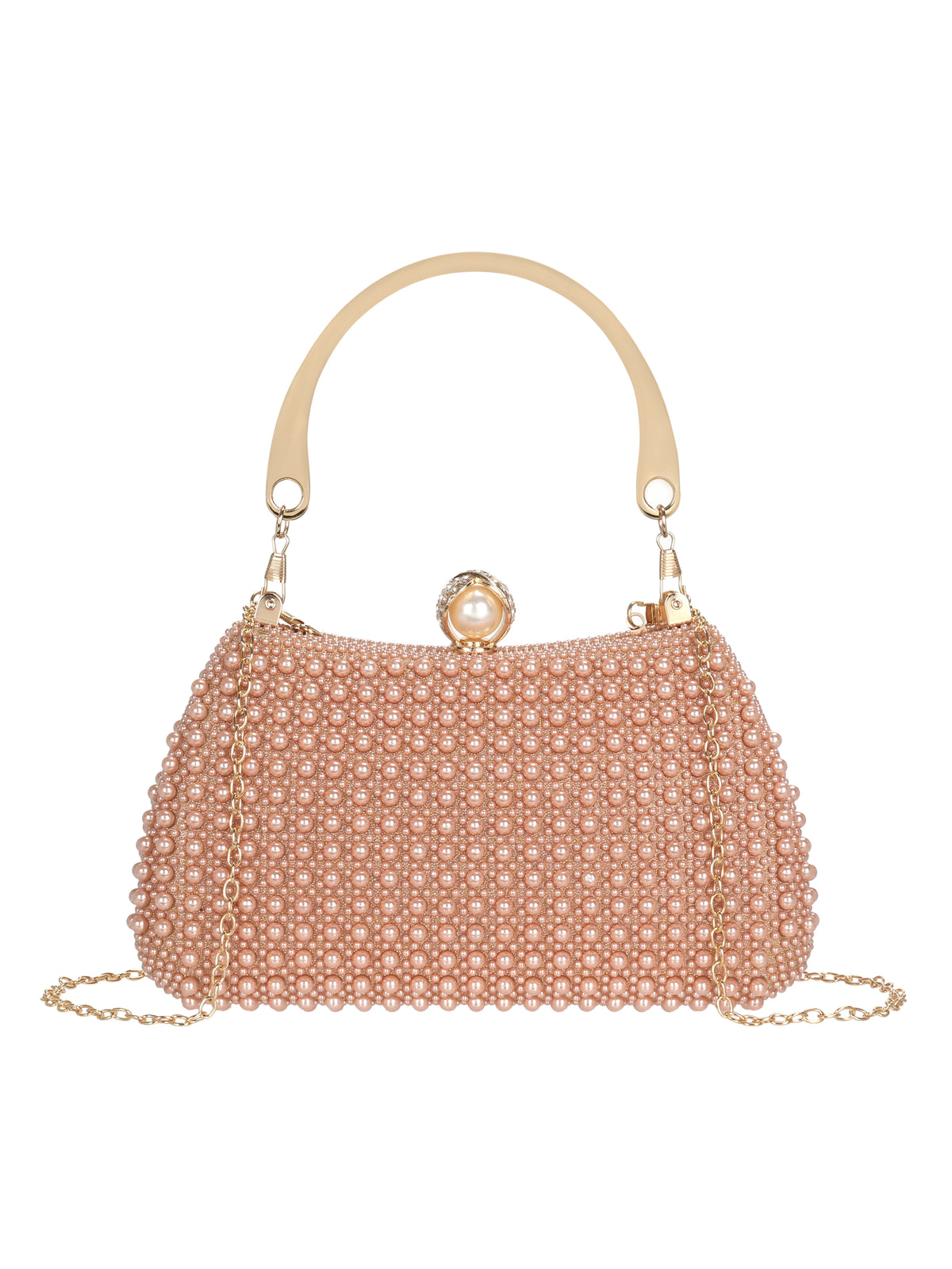 Faux Pearl Beaded Evening Clutch Bag | Gold Top Handle Bridal Wedding Purse
