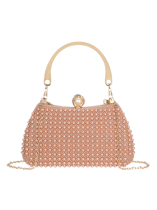 Faux Pearl Beaded Evening Clutch Bag | Gold Top Handle Bridal Wedding Purse