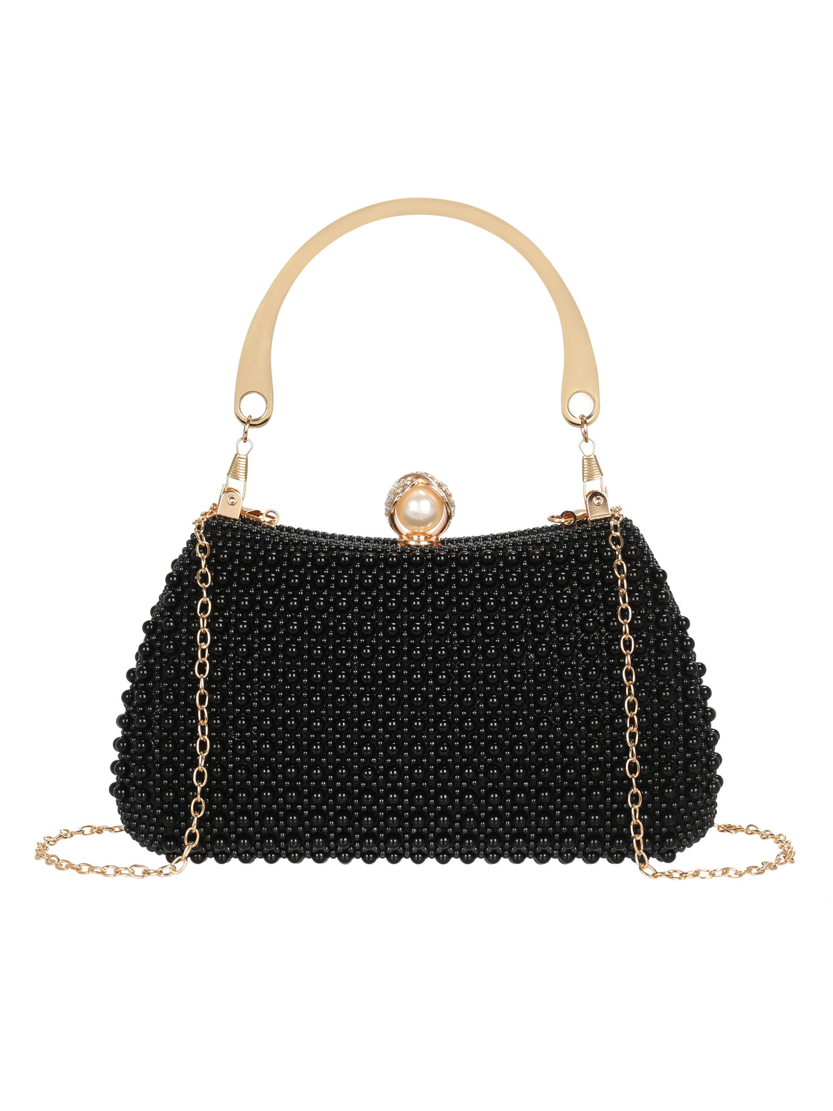 Faux Pearl Beaded Evening Clutch Bag | Gold Top Handle Bridal Wedding Purse