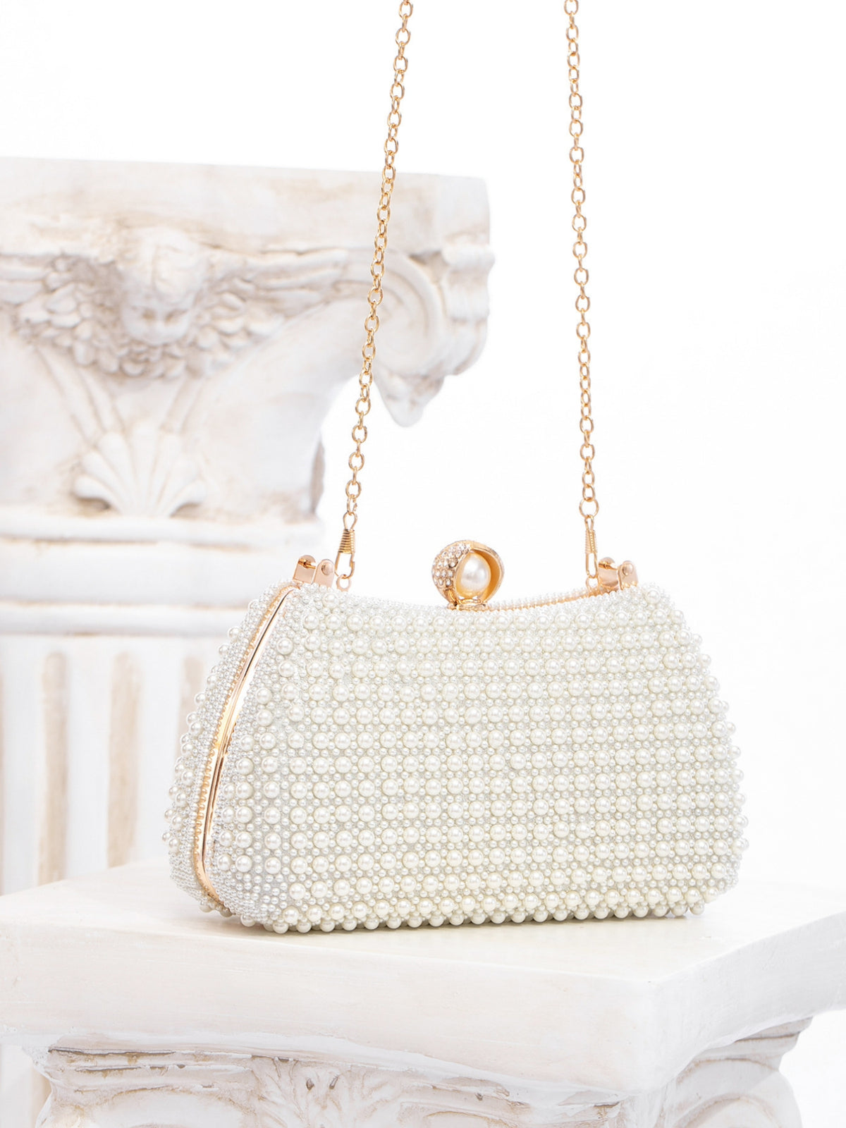 Faux Pearl Beaded Evening Clutch Bag | Gold Top Handle Bridal Wedding Purse
