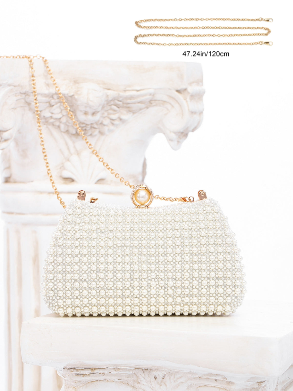 Faux Pearl Beaded Evening Clutch Bag | Gold Top Handle Bridal Wedding Purse