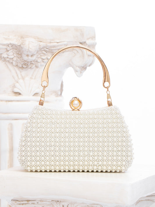 Faux Pearl Beaded Evening Clutch Bag | Gold Top Handle Bridal Wedding Purse