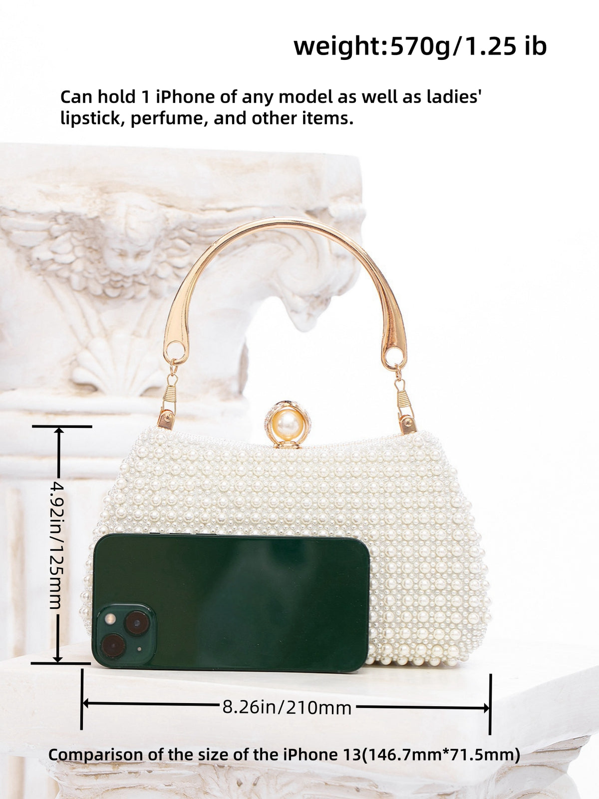 Faux Pearl Beaded Evening Clutch Bag | Gold Top Handle Bridal Wedding Purse
